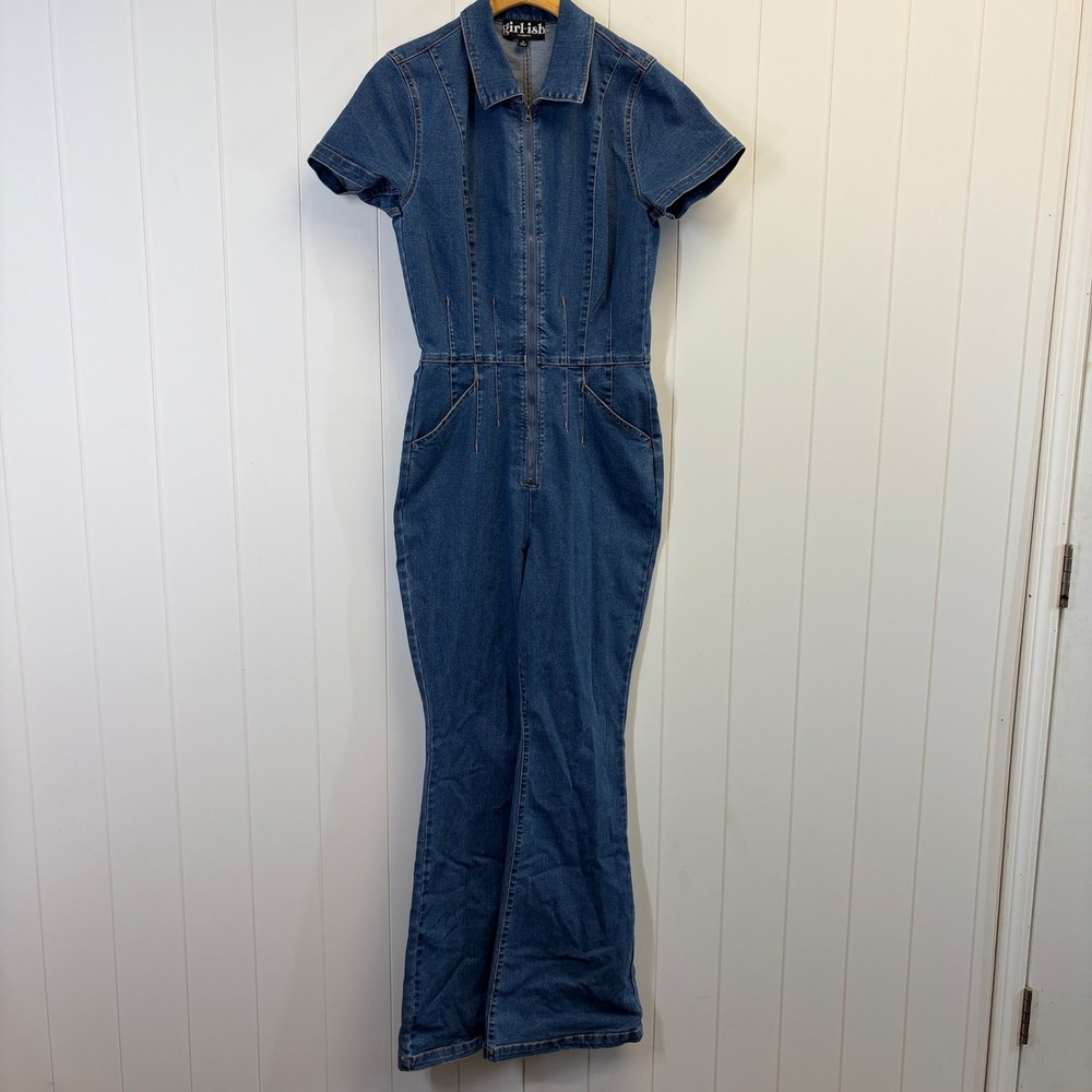 Girl-ish Y2K Boho Flare Full Zip Denim Jumpsuit Women Size M Western Streetwear